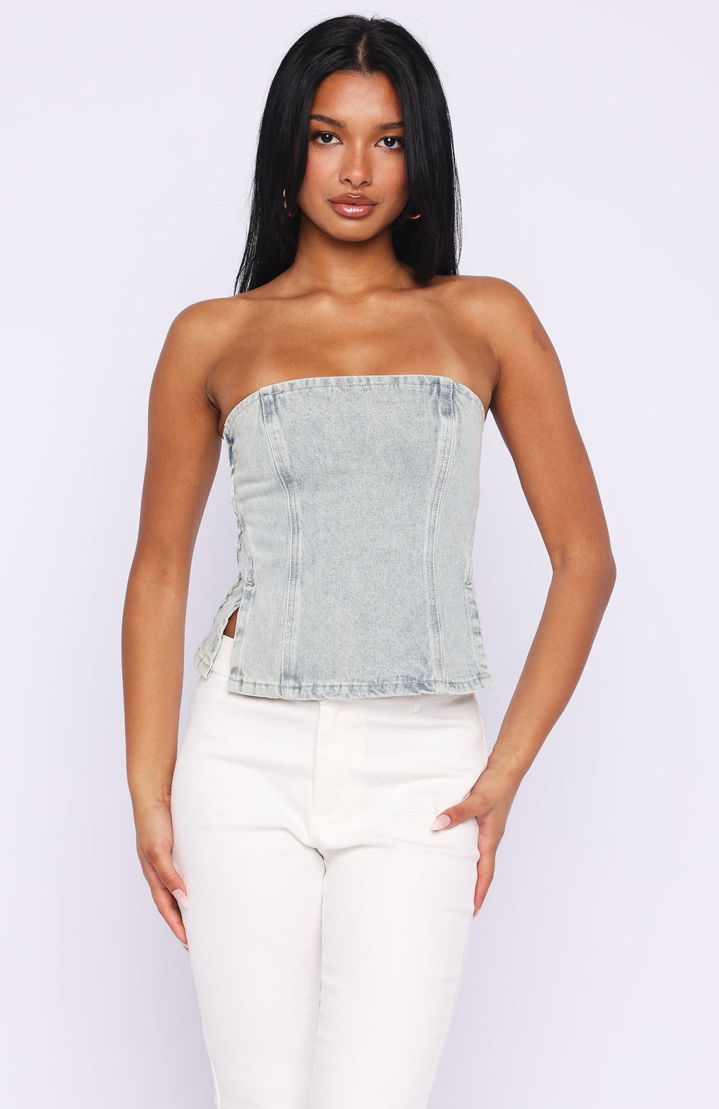 Not Listening Strapless Denim Top Light Blue Wash