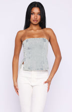 Not Listening Strapless Denim Top Light Blue Wash