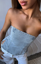 Not Listening Strapless Denim Top Light Blue Wash