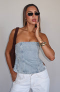 Not Listening Strapless Denim Top Light Blue Wash