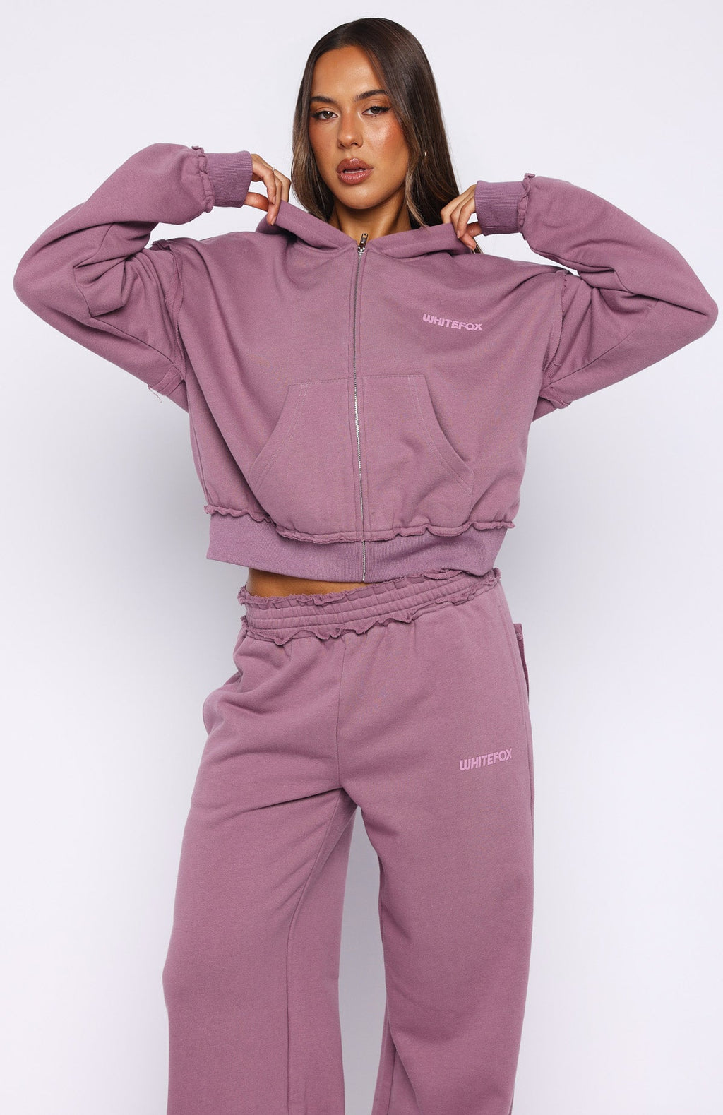 On My Own Terms Boxy Zip Front Hoodie Dusty Plum