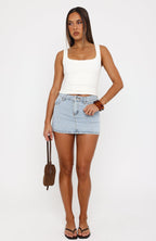 Peachy Keen Mid Rise Denim Mini Skirt Mid Blue