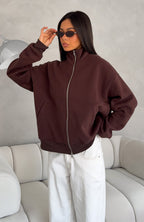 Such A Dream Oversized Zip Front Funnel Neck Jacket Chocolate
