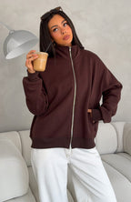 Such A Dream Oversized Zip Front Funnel Neck Jacket Chocolate