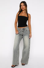 Text Me Low Rise Wide Leg Jeans Sand Wash