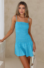 Too Much Fun Shirred Mini Dress Blue/White Check