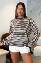 Touchdown Long Sleeve Tee Choc/Grey Marle Stripe