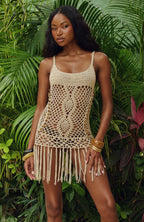 Tropic Cool Heat Crochet Mini Dress Gold Rush