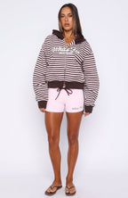 Verano Sixteen Maria Boxy Zip Front Hoodie Pink/Choc Stripe