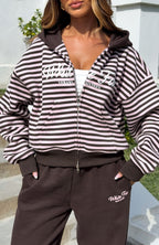 Verano Sixteen Maria Boxy Zip Front Hoodie Pink/Choc Stripe