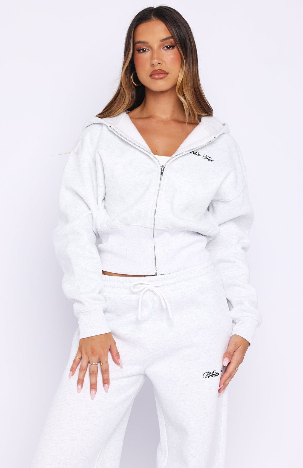 Wishing For It Cropped Cinched Zip Front Hoodie Grey Marle