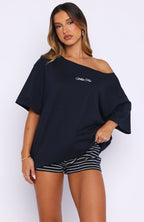 Wishing For It Off Shoulder Oversized Tee Navy
