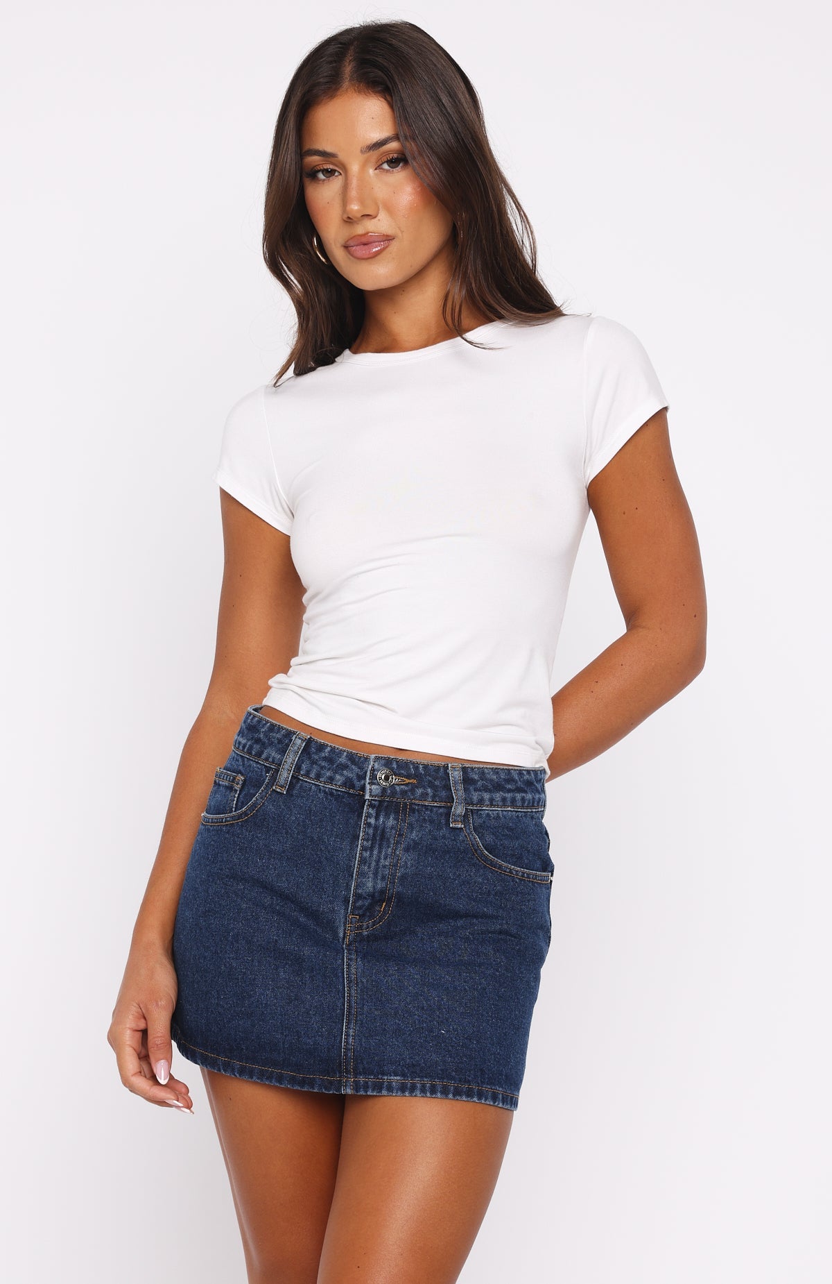 Won't Stop Searching Denim Mini Skirt Dark Blue Wash