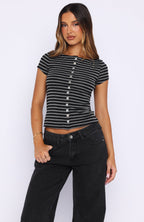 You Were Right Striped Button Up Top Dark Grey/Black Stripe
