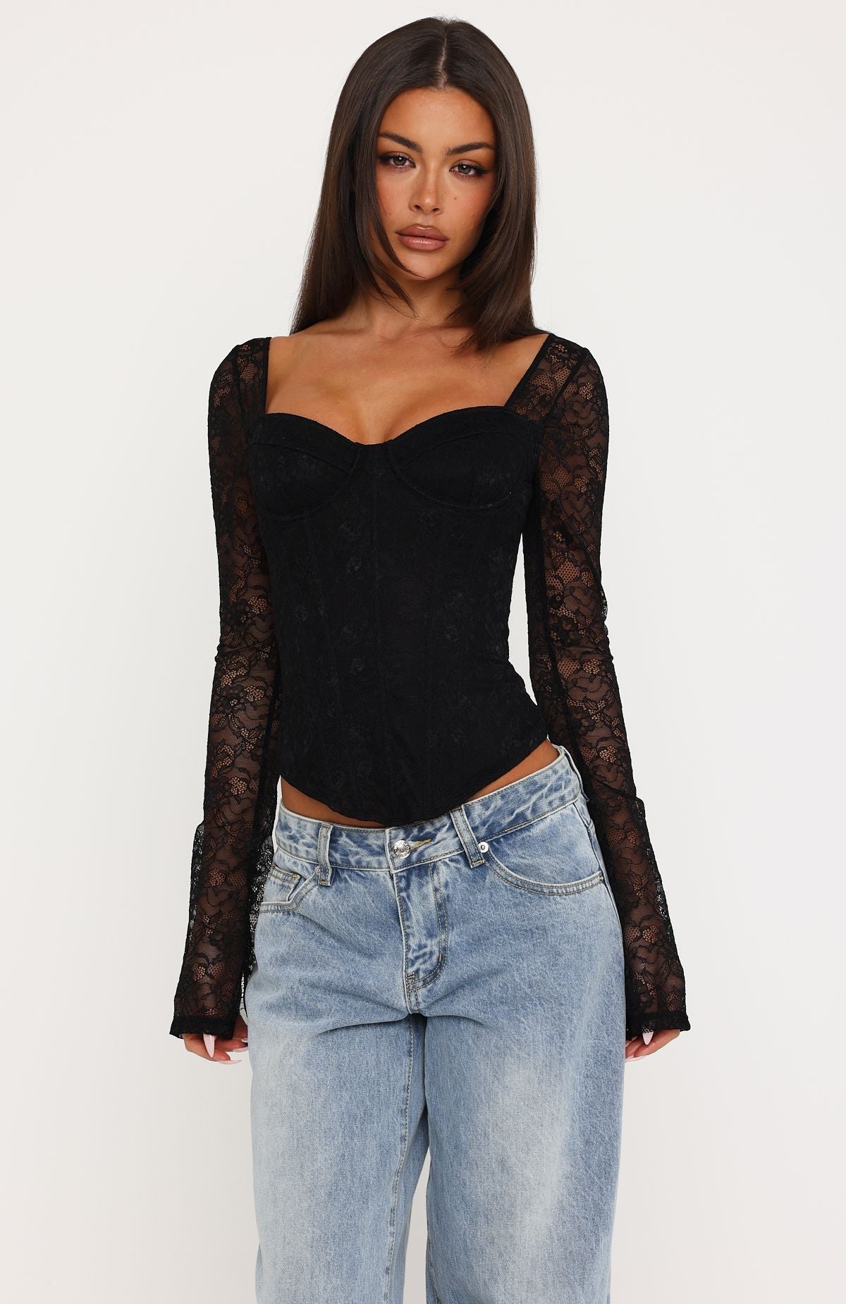 Midnight Rose Long Sleeve Lace Bustier Black