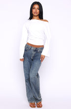 Falling For Him Cinched Waist Off Shoulder Long Sleeve Top White
